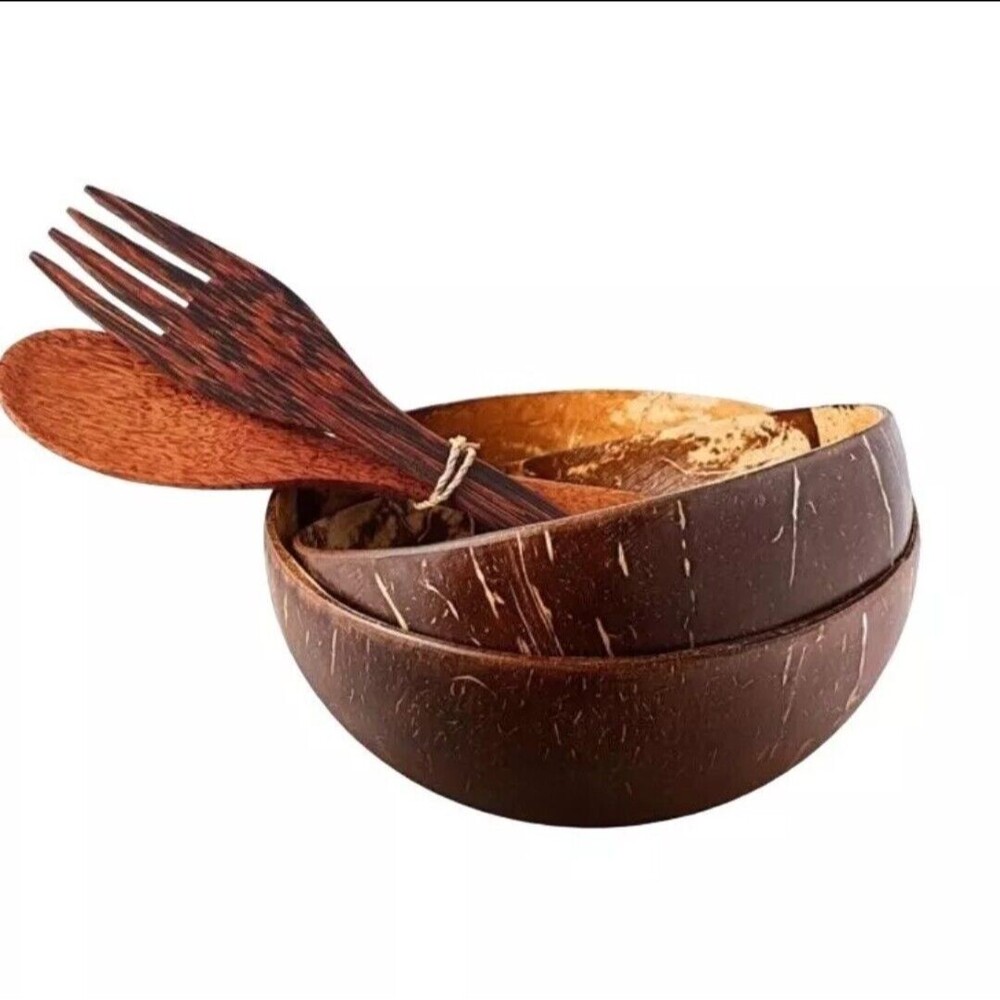 Bambaw 100% Natural 2 Coconut Bowls With Wooden Spoon & Fork Handmade Vegan NIB